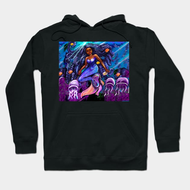 mermaid underwater with flowing shimmering blue black braids 2 fish and jelly fish  , brown eyes curly Afro hair and caramel brown skin Hoodie by Artonmytee